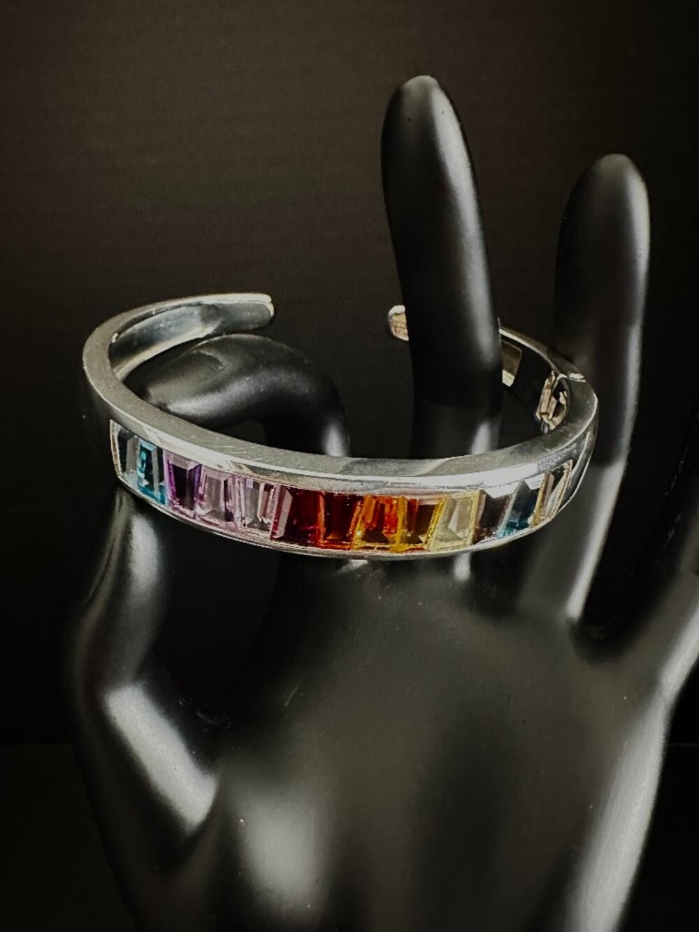 925 Sterling Silver Rainbow Baguette Cuff Bracelet | Multicolor Gemstone